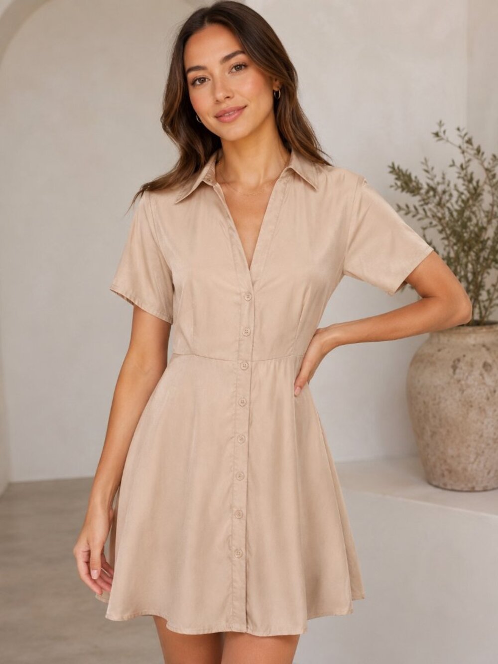 Lulus Pleasant Darling Beige Collared Button Front Mini Skater Dress L NWT Flaw